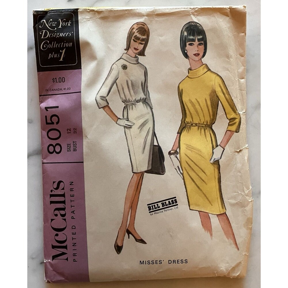 VTG McCall's Pattern 8051 Dress Slim Skirt Sz 12 60s UNCUT Turtleneck Bill Blass